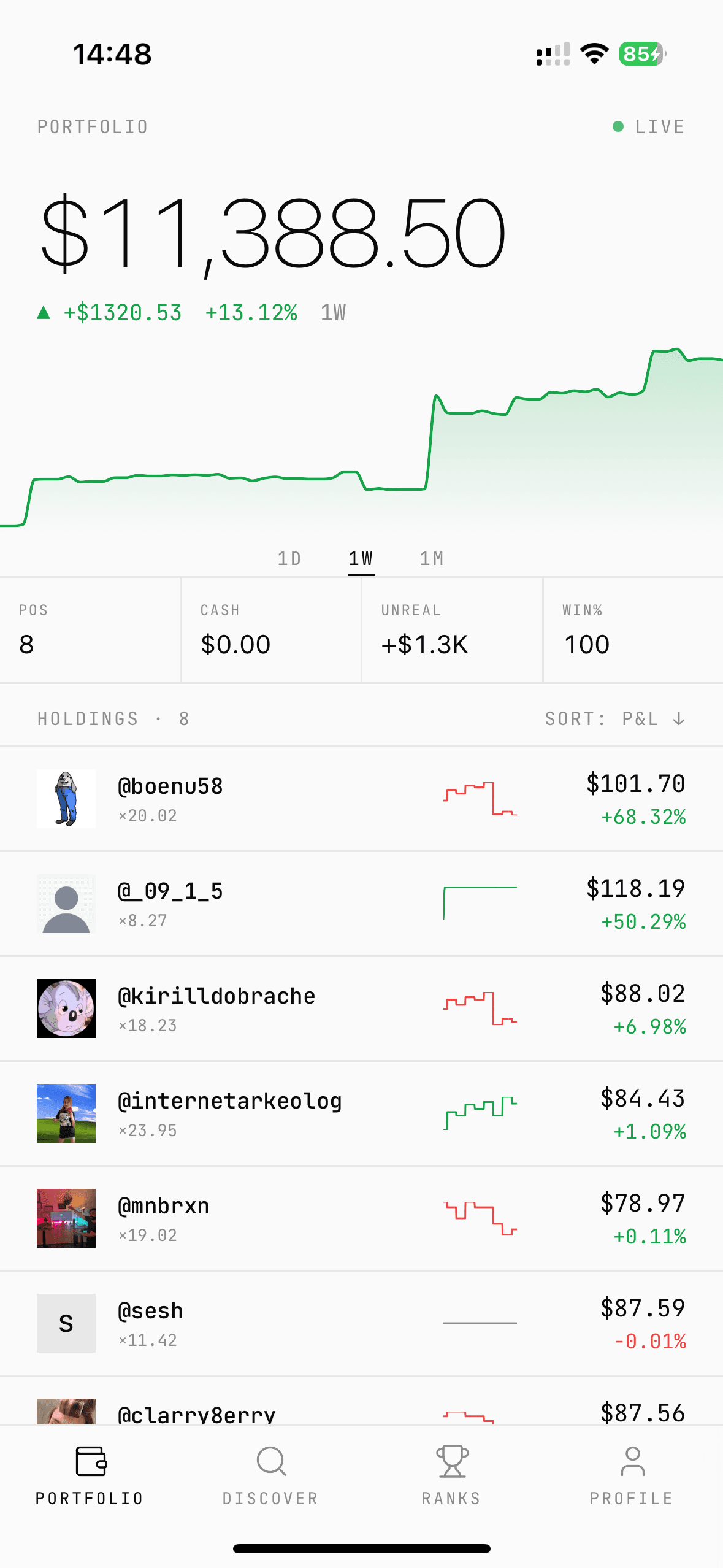 BuzzBroker portfolio screen showing live balance, sparkline, and per-creator P&L