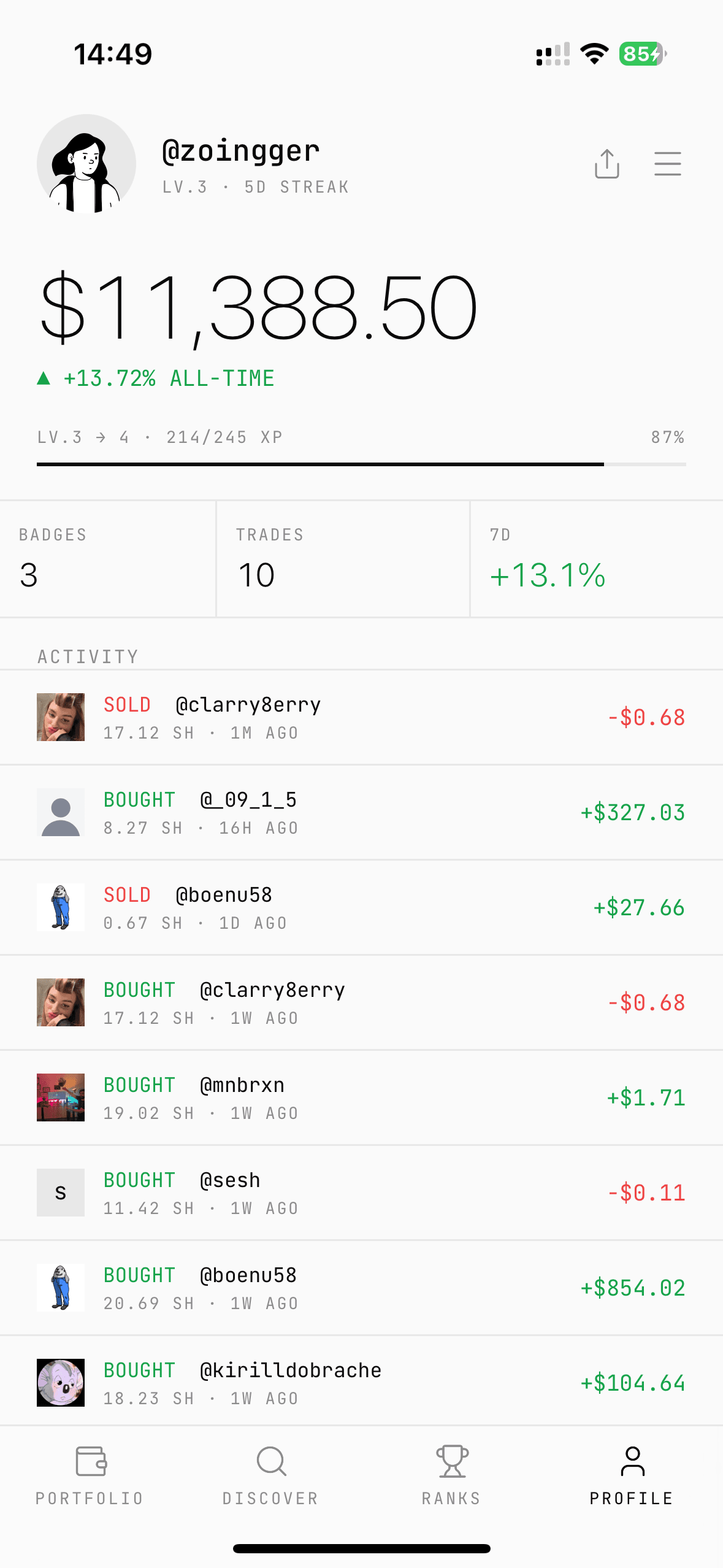BuzzBroker user profile showing level, XP bar, badges, streak, balance, and recent trade activity