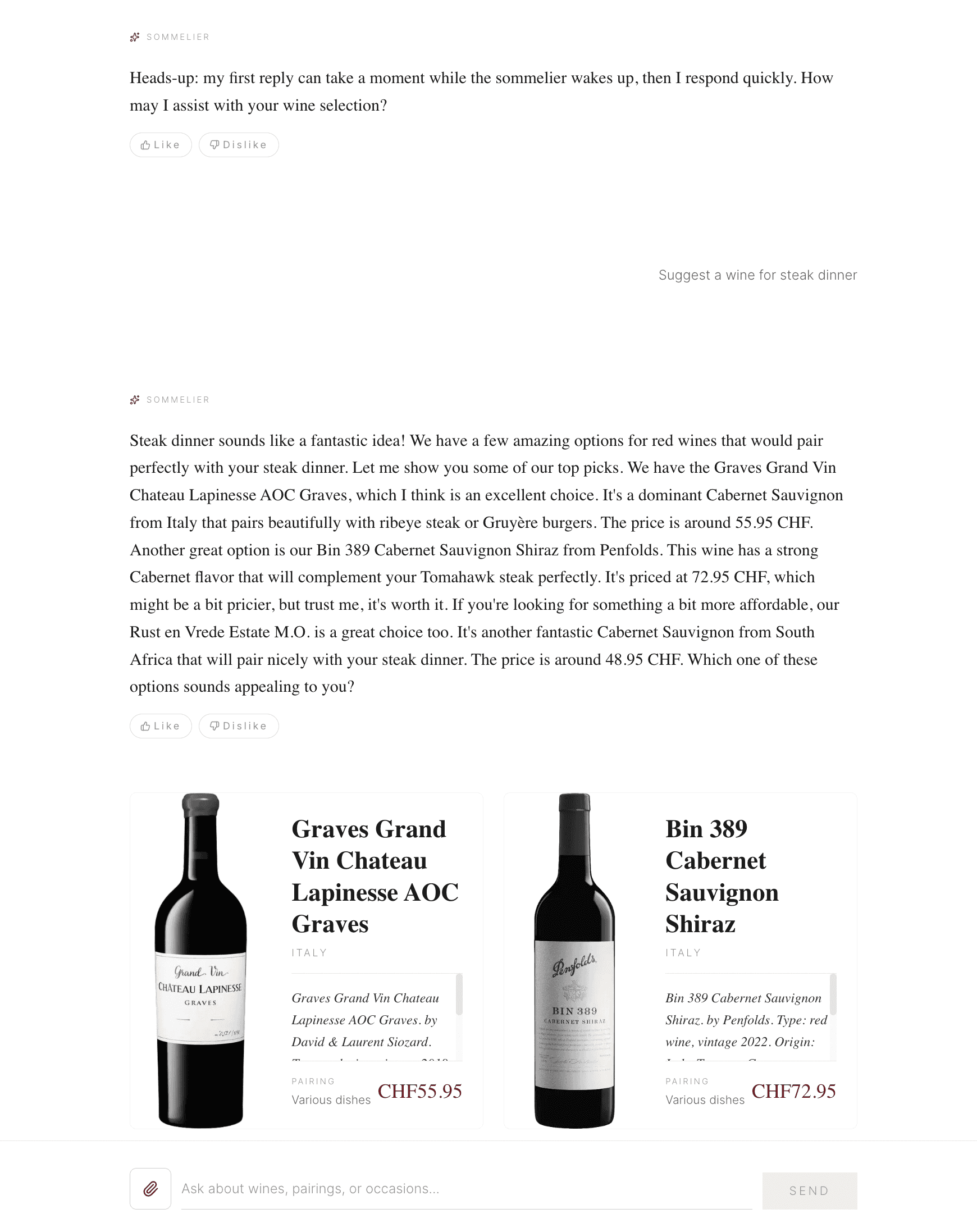 Wine chat interface with recommendations