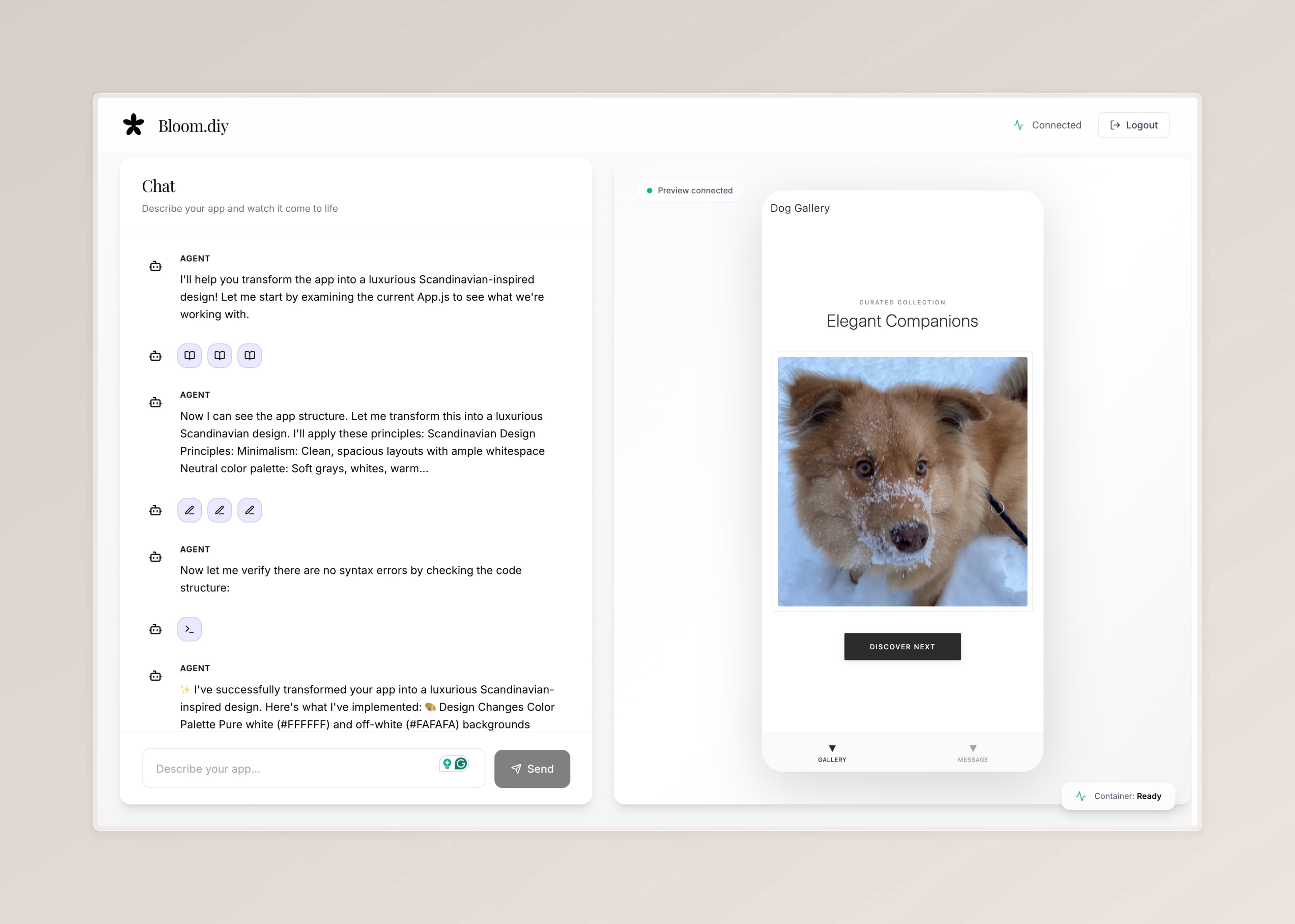 Bloom interface with code streaming