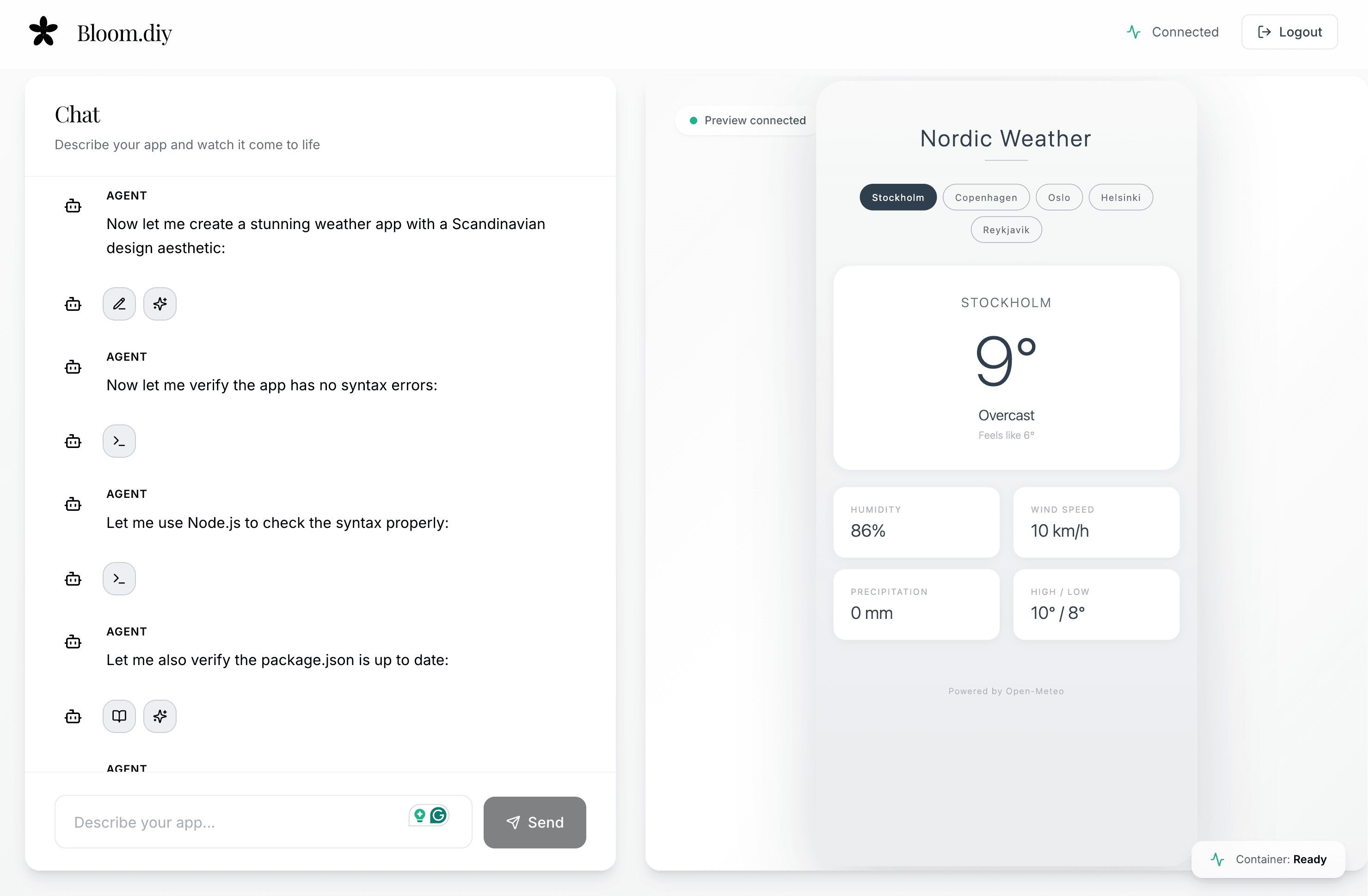 Bloom interface showing real-time coding